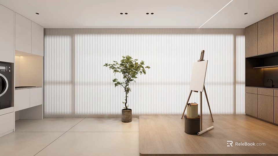 Bright Modern Interior With Vertical Striped Curtains Potted Plant Easel And Wooden Floor 3d model 