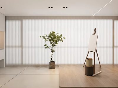 Bright Modern Interior With Vertical Striped Curtains Potted Plant Easel And Wooden Floor 3d model