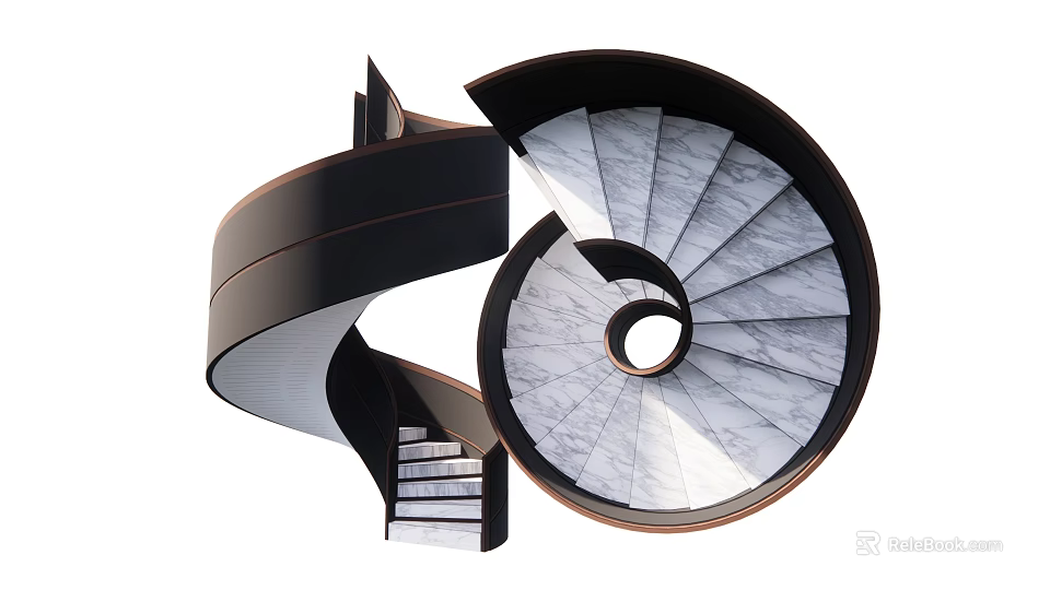Stylish Modern Spiral Staircase With Marble Steps And Black Handrail Design 3d model 