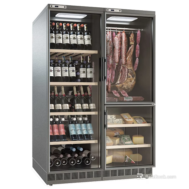 Modern Refrigerator Freezer with Glass Door Storing Wine Bottles Cured Meats and Cheeses 3d model 