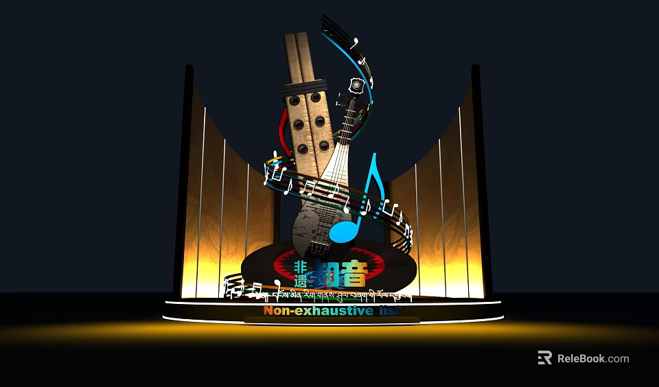 Music Themed Photo Spot With Guitar Microphone Notes And Gold Black Decorations 3d model 