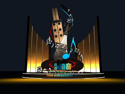 Music Themed Photo Spot With Guitar Microphone Notes And Gold Black Decorations 3d model