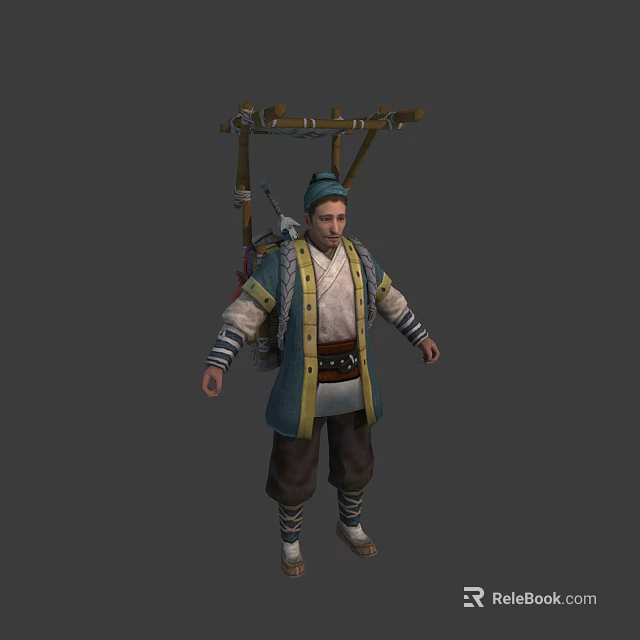 Traditional Blue Yellow Robed Character With Pole Frame And Animal Companion 3d model 