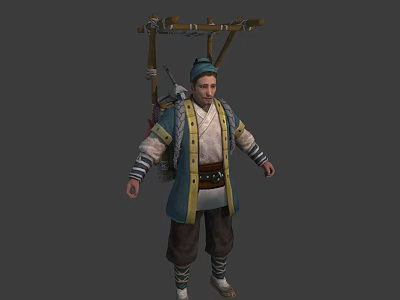 Traditional Blue Yellow Robed Character With Pole Frame And Animal Companion 3d model