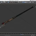 Ornate Curved Blade Weapon With Golden Decoration Red Gem And Black Textured Pole