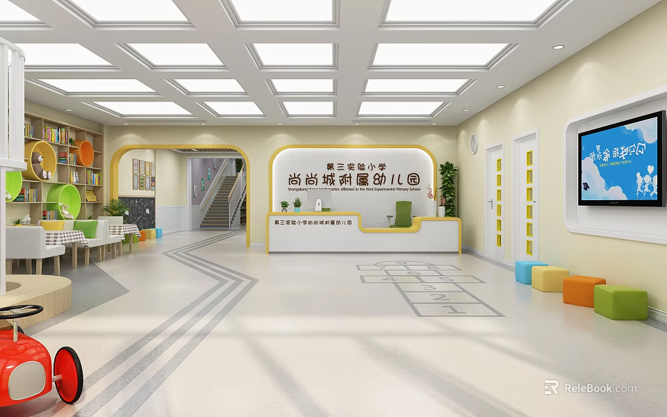 Bright Kindergarten Lobby With Reception Desk Colorful Seats Bookshelves And TV Screen 3d model 