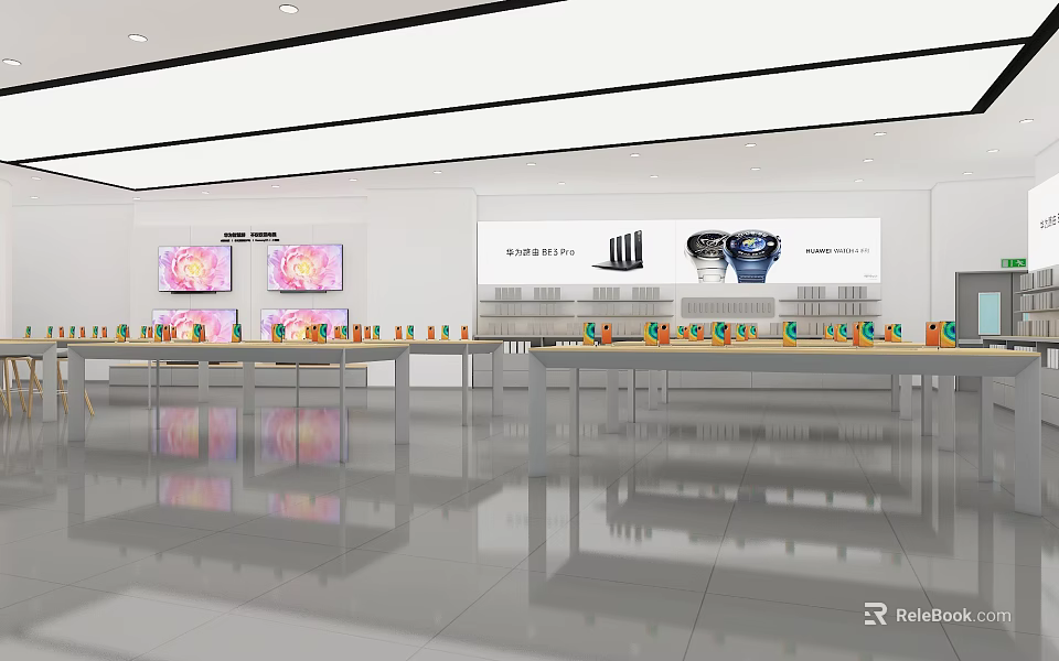 Modern Skincare Showroom with Long Display Tables and Wall Screens Displaying Products in Bright Interior 3d model 