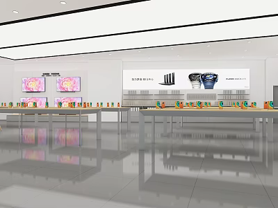 Modern Skincare Showroom with Long Display Tables and Wall Screens Displaying Products in Bright Interior 3d model