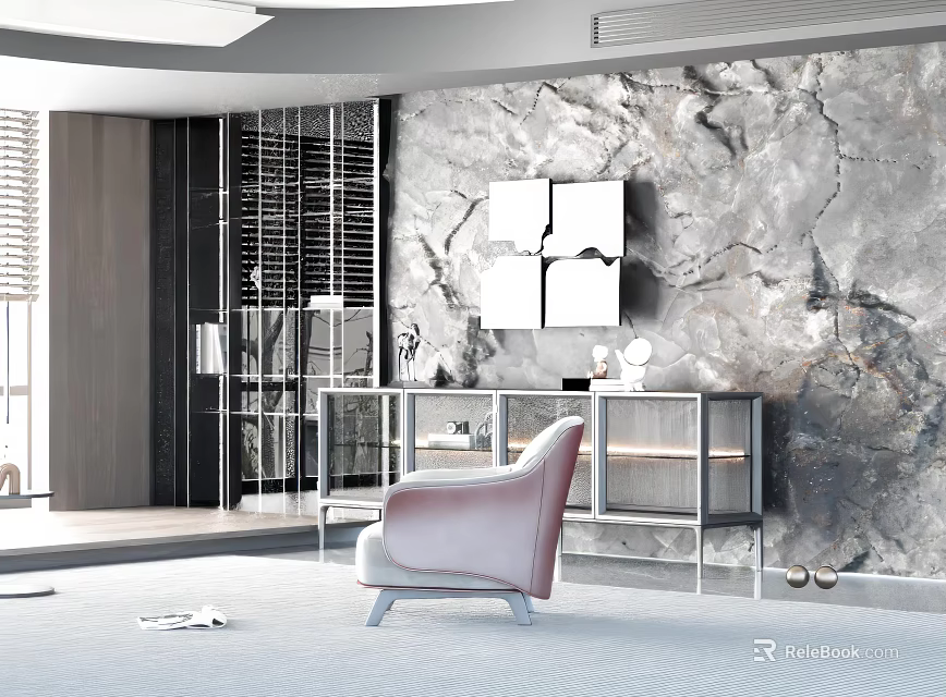 Pink Single Sofa In Elegant Modern Interior With Marble Wall And Glass Cabinet 3d model 