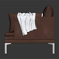 Modern Brown Leather Three-Seater Sofa with White Cushions and Blanket on Metal Legs