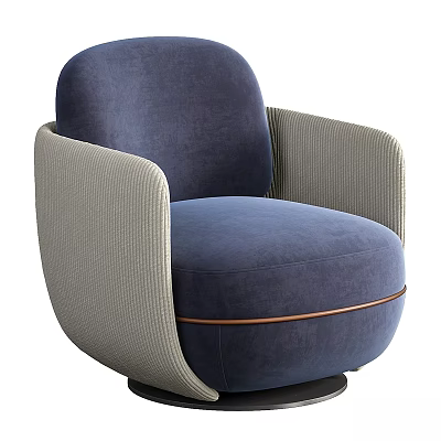 Navy Blue Velvet Accent Chair With Light Gray Woven Arms And Brown Trim Round Base 3d model