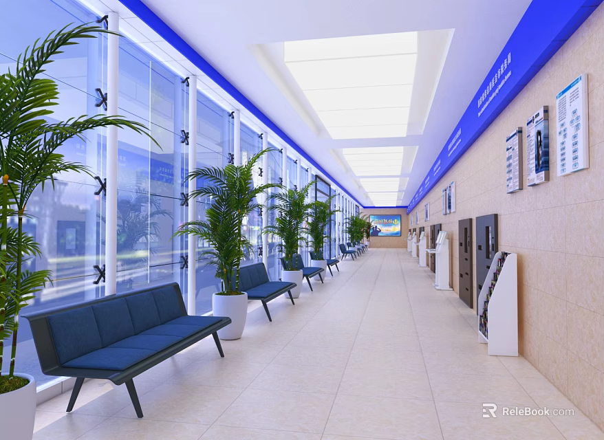 Front Desk Reception Area With Long Corridor Blue Accents Plants Benches And Display Boards 3d model 