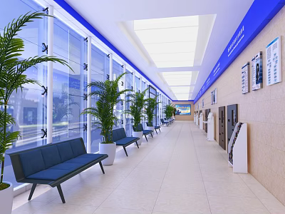 Front Desk Reception Area With Long Corridor Blue Accents Plants Benches And Display Boards 3d model