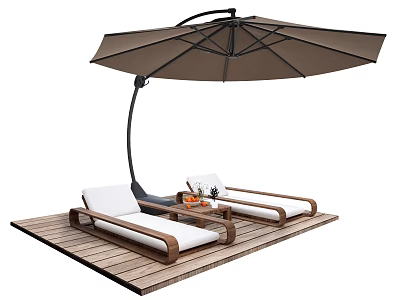 Outdoor Lounge Chairs With White Cushions Under Brown Parasol On Wooden Deck 3d model