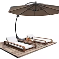 Outdoor Lounge Chairs With White Cushions Under Brown Parasol On Wooden Deck