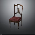 Classical Wooden Chair With Carved Backrest And Plaid Fabric Seat Cushion