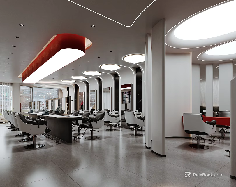 Modern Barbershop Interior With Multiple Barber Chairs Large Windows White Red Decor And Ceiling Lights 3d model 