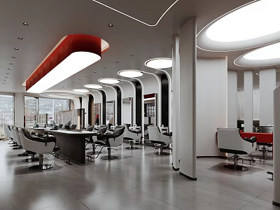 Modern Barbershop Interior With Multiple Barber Chairs Large Windows White Red Decor And Ceiling Lights 3d model