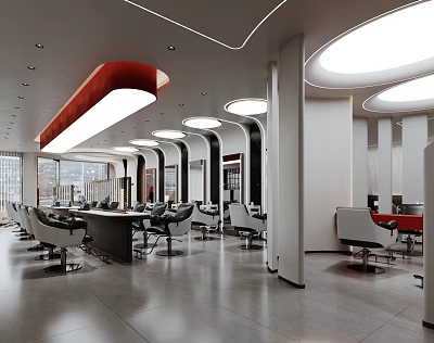 Modern Barbershop Interior With Multiple Barber Chairs Large Windows White Red Decor And Ceiling Lights 3d model