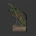 Arched Metal Frame Garden Structure With Interior Vines And Fruit Bearing Plants On Wooden Base