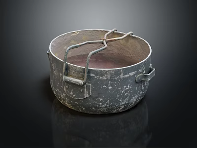 Traditional Vintage Metal Cooking Pot With Worn Surface And Side Handles 3d model