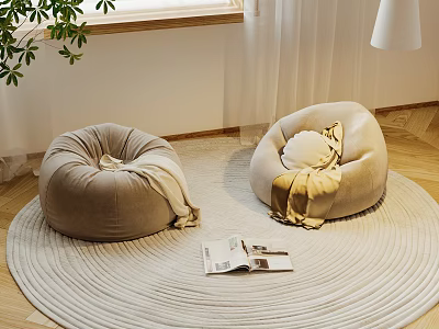 Cozy Living Room Interior With Two Beige Lazy Sofas Round Rug Magazine And Green Plant 3d model