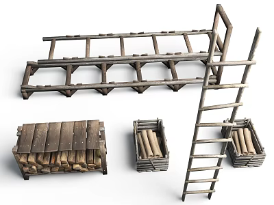 Rustic Wooden Storage Racks Crates And Ladder With Firewood Logs 3d model
