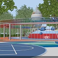Colorful Outdoor Kids Playground With Slides Circular Areas Tower Structure And Green Trees