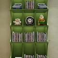 Green Multi Tiered Bookshelf With Books Stuffed Toy Clock And Dwarf Figurine