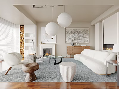Modern Living Room Interior With White Sofa Area Rug Pendant Lights And Fireplace 3d model