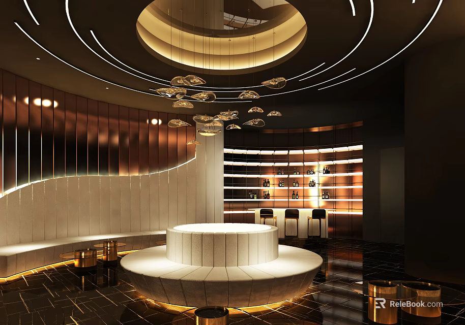 Luxury Modern KTV Interior With Circular Bar LED Strip Lights Seats And Mirror Walls 3d model 
