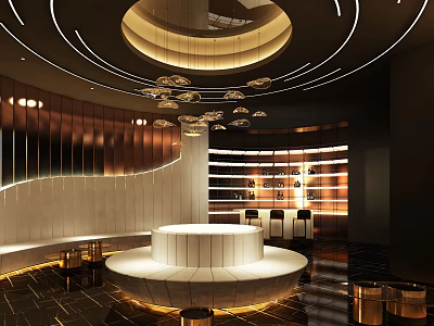 Luxury Modern KTV Interior With Circular Bar LED Strip Lights Seats And Mirror Walls 3d model