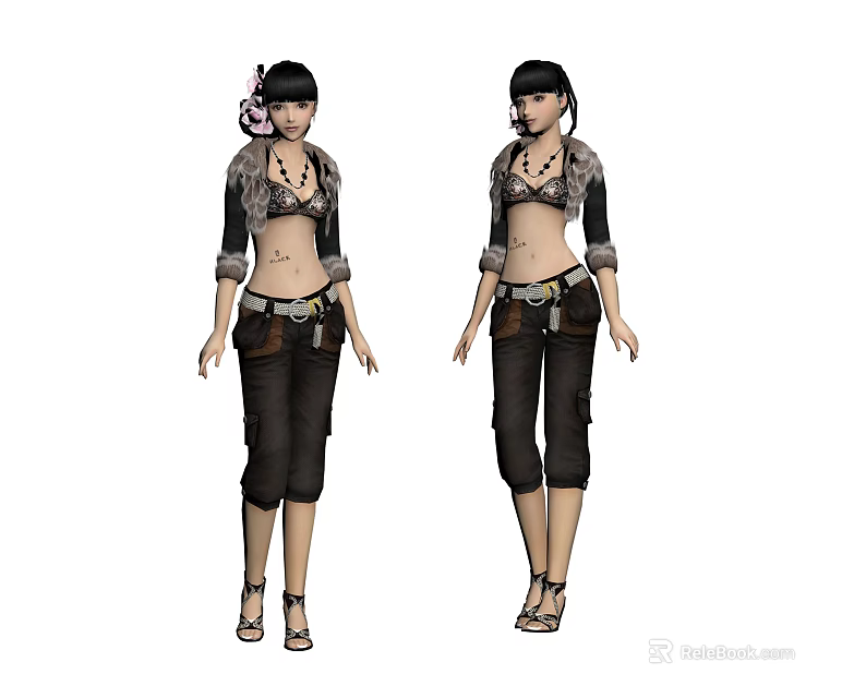 Fashionable Woman With Leather Jacket Decorative Hairpin And Cropped Pants 3d model 