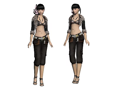 Fashionable Woman With Leather Jacket Decorative Hairpin And Cropped Pants 3d model