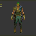 Muscular Game Movie Character With Gray White Short Hair Green Blue Outfit And Arm Guard