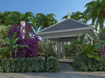 Tropical Garden Pavilion Surrounded By Palm Trees Purple Flowers And Green Bushes 3d model