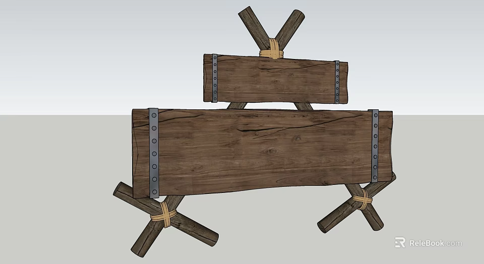 Retro Style Wooden Commercial Equipment With Crossed Legs And Metal Rivets 3d model 