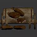 Traditional Wooden Stone Cart With Loaded Bags And Scattered Sacks On Ground