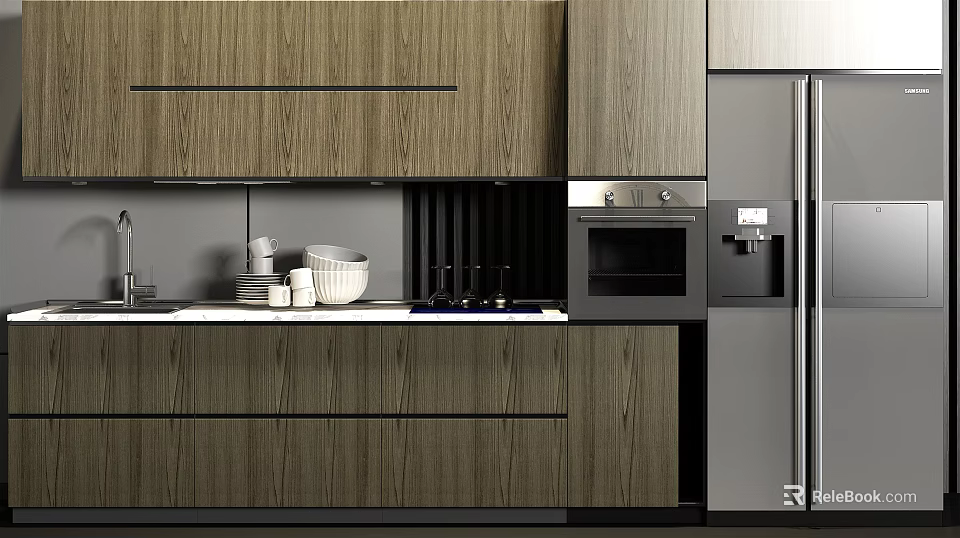 Modern Kitchen Cabinets In Wooden Finish With Stainless Steel Appliances And Countertop 3d model 