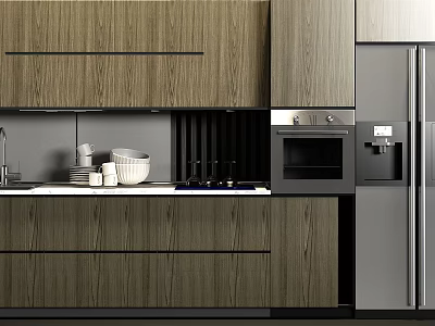 Modern Kitchen Cabinets In Wooden Finish With Stainless Steel Appliances And Countertop 3d model