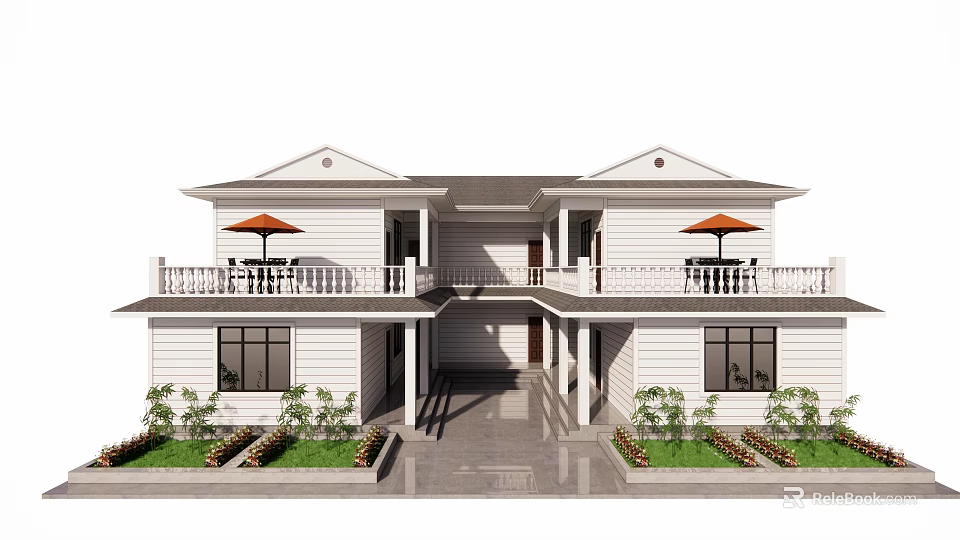 Two Story Detached Villa With White Exterior Balcony Outdoor Umbrella And Front Lawn 3d model 