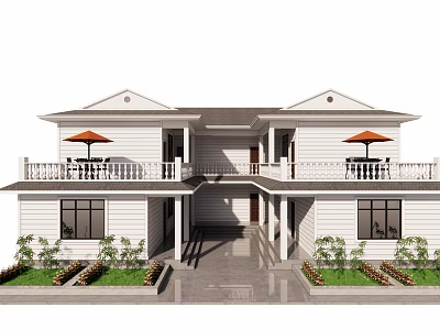 Two Story Detached Villa With White Exterior Balcony Outdoor Umbrella And Front Lawn 3d model