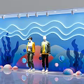 Creative Window Display Design With Mannequins Blue Wave Background And Seaweed Decorations