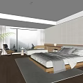 Elegant Modern Hotel Room Interior With Comfortable Bed Large Window Wooden Floor And Armchair