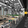 Modern Hot Pot Restaurant Interior With Dining Tables Chairs And Decorative Lighting 3d model