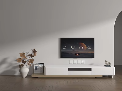 Elegant Modern TV Stand Interior With TV Screen Vase Light Wall And Wooden Floor 3d model