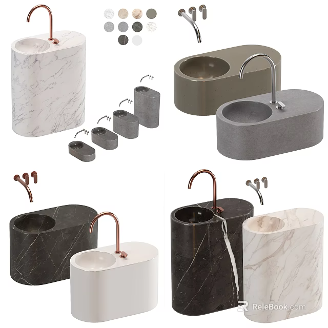 Modern Marble And Concrete Washbasins With Copper And Silver Faucets Design 3d model