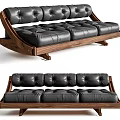 Modern Three Seater Sofa With Black Leather Tufted Upholstery And Wooden Frame