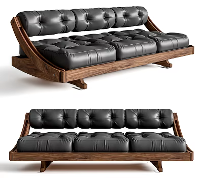 Modern Three Seater Sofa With Black Leather Tufted Upholstery And Wooden Frame 3d model