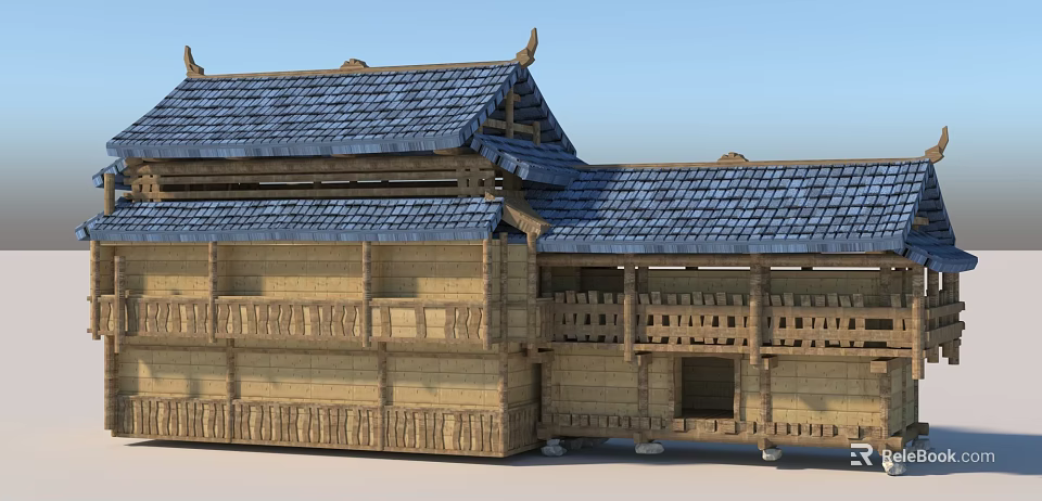 Traditional Double Story Wooden House With Blue Tile Roof And Wooden Railings 3d model 